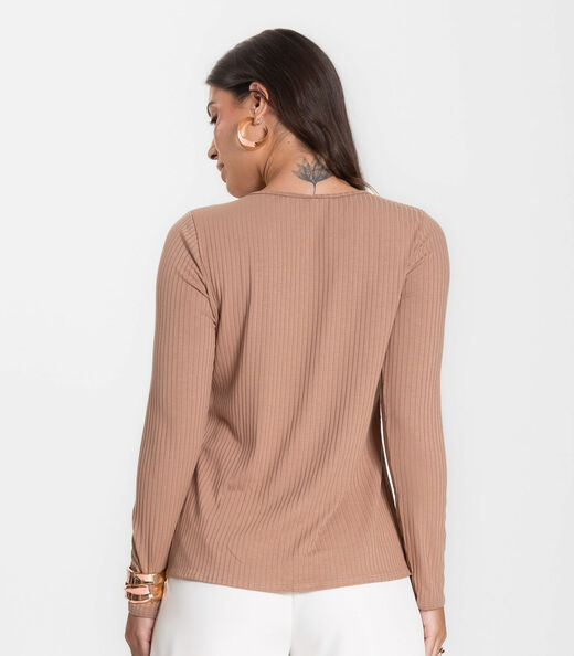 Blusa Feminina Canelada Com Manga Longa Rovitex Marrom