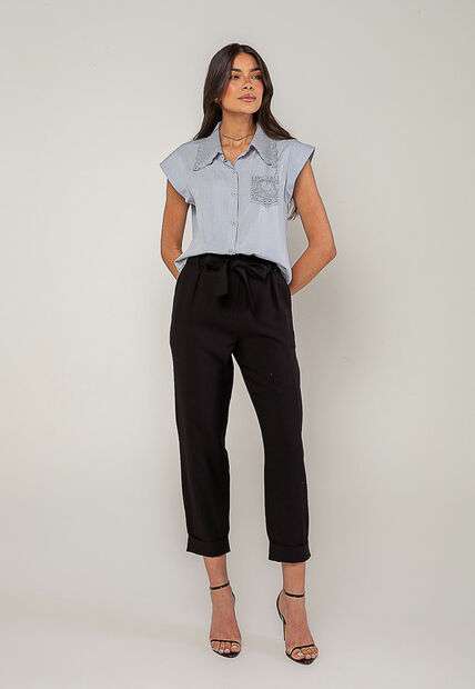 Blusa Alfaiataria Com Gola Em Renda E Bolso Decorado Azul Salvatore