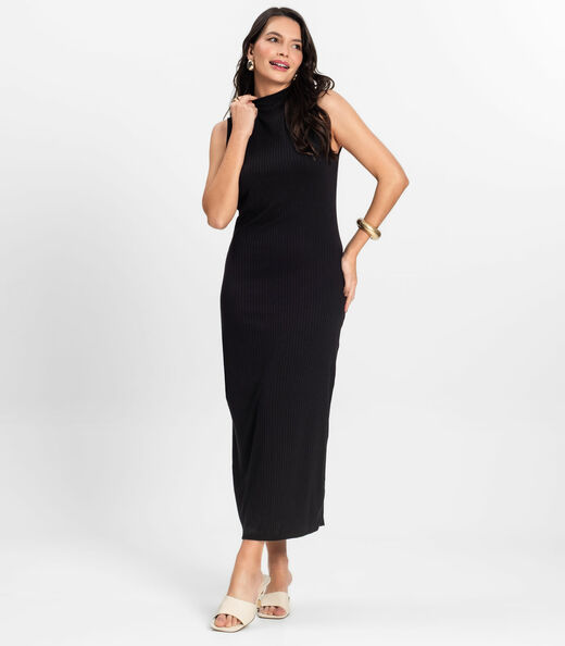 Vestido Midi Ribana Canelada Rovitex Preto