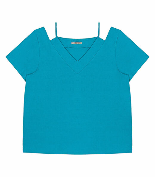 Blusa Feminina Plus Size Decote V Secret Glam Azul