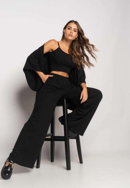 Image_Conjunto Com Kimono, Cropped e Wide Leg Canelado Preto Salvatore