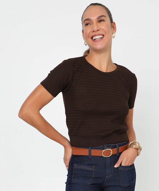 Image_Blusa Feminina Tricô Manga Curta Marisa Marrom