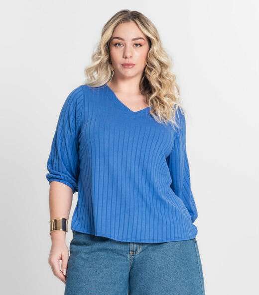 Blusa Canelada Plus Infinita Cor Azul