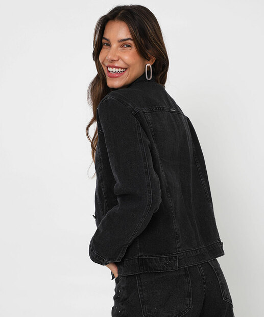 Jaqueta Feminina Jeans Strass Sawary Preta