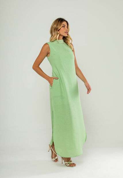 Image_Vestido Longo Gola Alta E Fenda Lateral Verde Salvatore