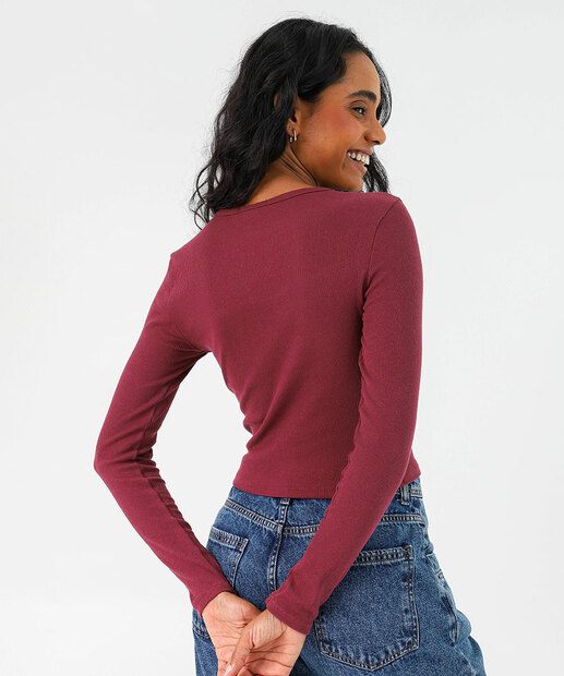 Blusa Cropped Feminina Canelada Manga Longa Marisa Vinho