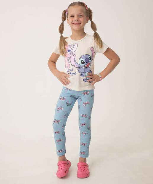 Camiseta Infantil Angel E Stitch Disney Tam 4 a 10 Bege