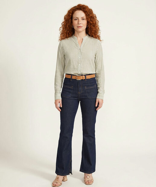 Camisa Feminina Listrada Manga Longa Marisa Verde