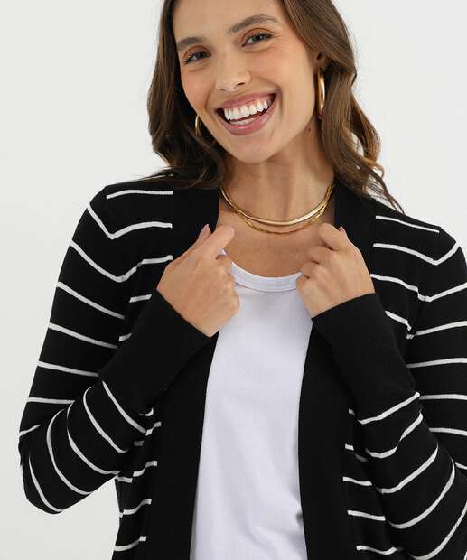 Cardigan Feminino Tricô Alongado Listrado Marisa Preto