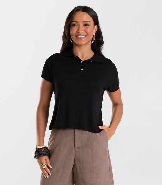 Blusa Feminina Visco Tricot Gola Polo Rovitex Preto