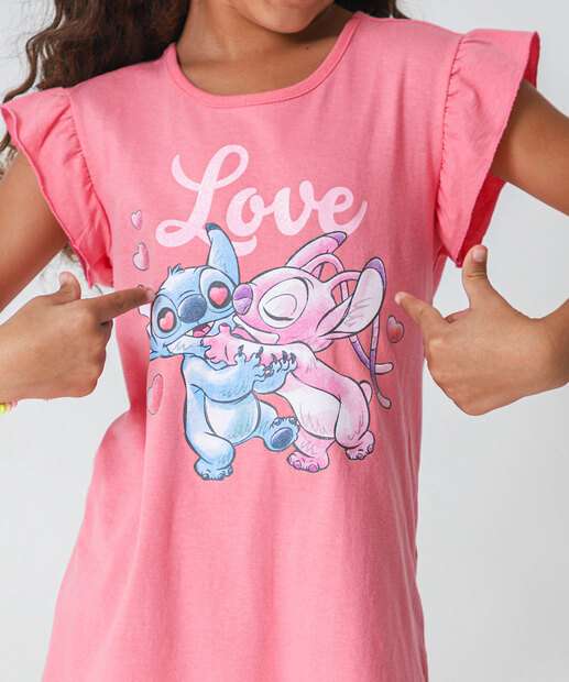Vestido Infantil Stitch E Angel Disney Tam 4 a 10 Rosa