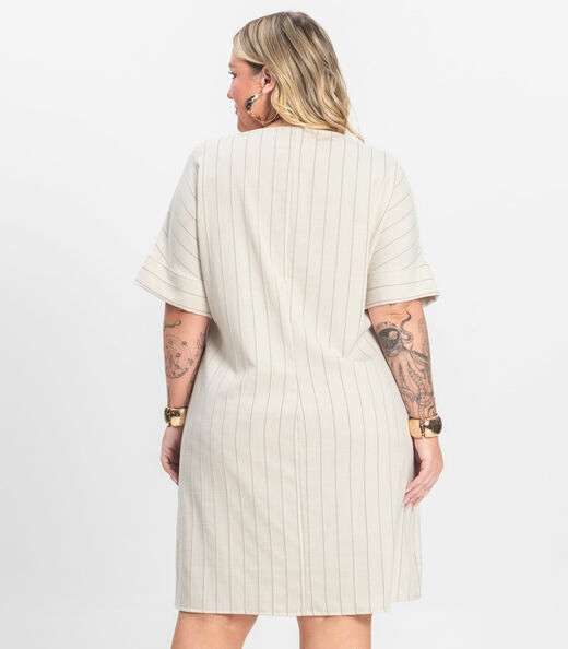 Vestido Plus Size em Visco Listras Secret Glam Bege