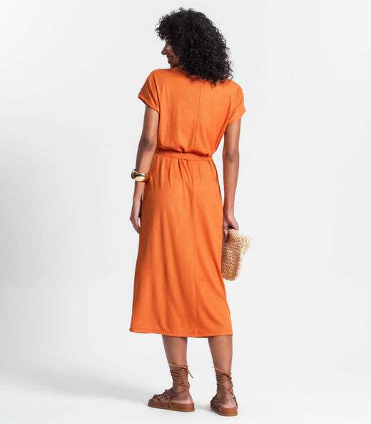 Vestido Midi Em Ribana Canelada Lurex Rovitex Laranja
