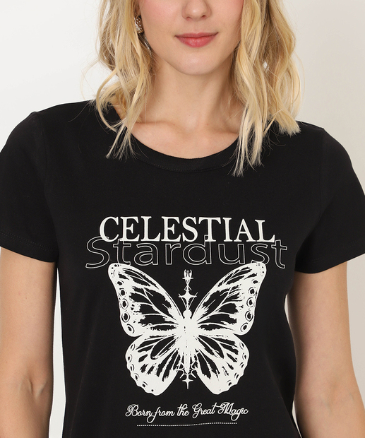 Camiseta Feminina Estampa Borboleta Marisa Preta