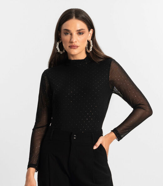 Body Manga Longa de Tule Glitter Endless Preto
