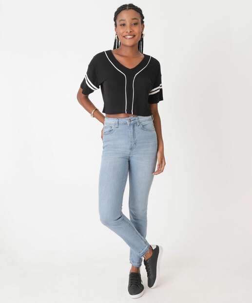 Blusa Cropped Feminina Listras Manga Curta Marisa