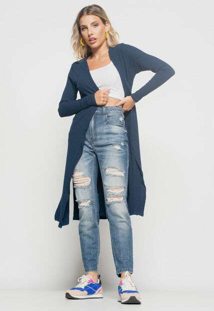 Kimono  Alongado Manga Longa Canelado Azul Salvatore Fashion