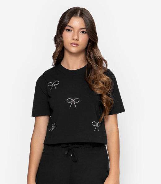 T- Shirt Feminina Meia Malha Minty Preto