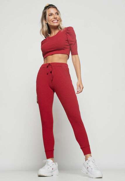Image_Calça  Jogger Comfy Malha Canelada Vermelho Escuro Salvatore Fashion
