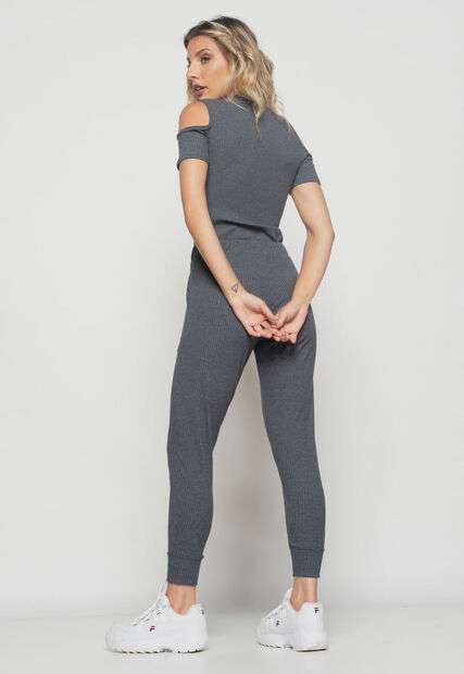 Conjunto  Comfy Com Blusa Ombro Vazado e Jogger Canelada Grafite Salvatore Fashi