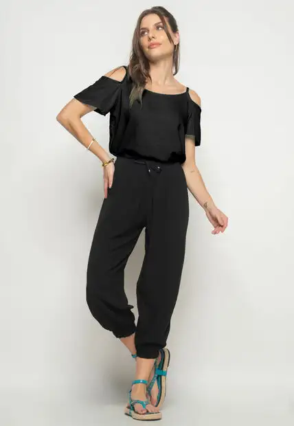 Regata Ombro Vazado Viscolinho Preto Salvatore Fashion