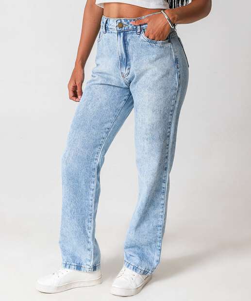 Calça Jeans Reta Feminina Marmorizada Azul