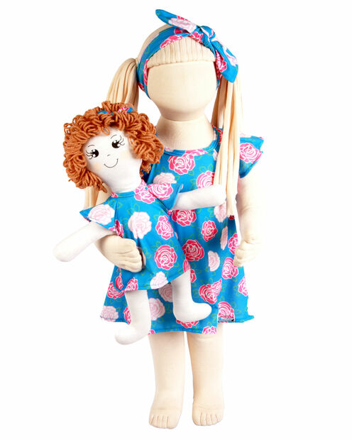 Vestido Bebe Infantil Com Boneca De Pano Kit com Faixa de Cabeça - Azul