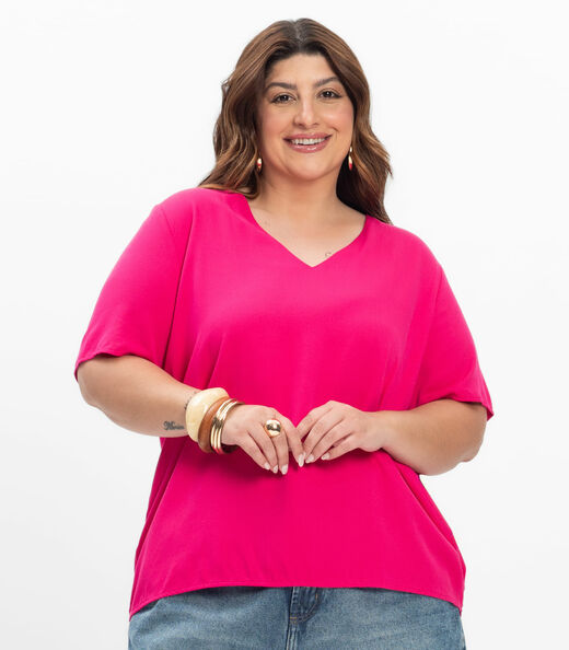Blusa Manga Curta Feminina Plus Size Secret Glam Rosa