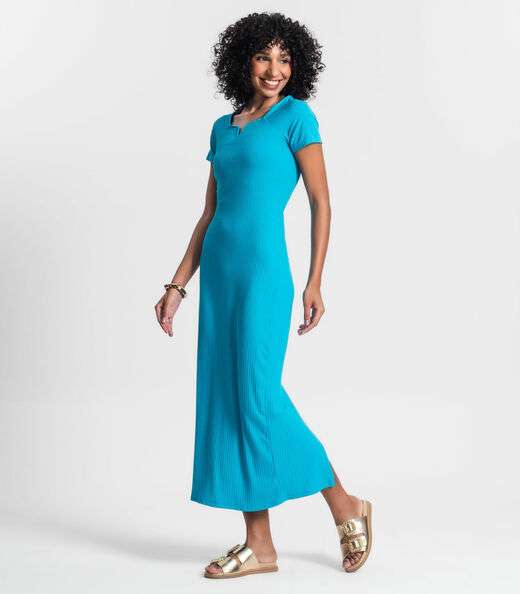 Vestido Midi Em Ribana Canelada Rovitex Azul