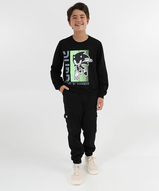 Blusão Juvenil Moletom Flanelado Sonic Tam 10 a 16 Preto