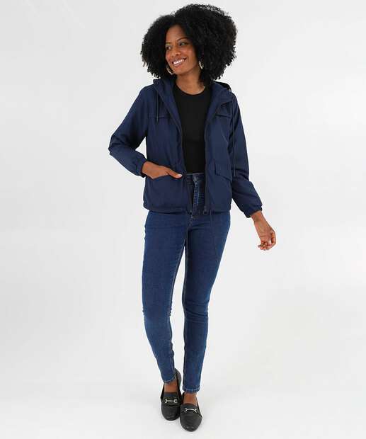 Jaqueta Feminina Corta Vento Capuz Marisa Azul