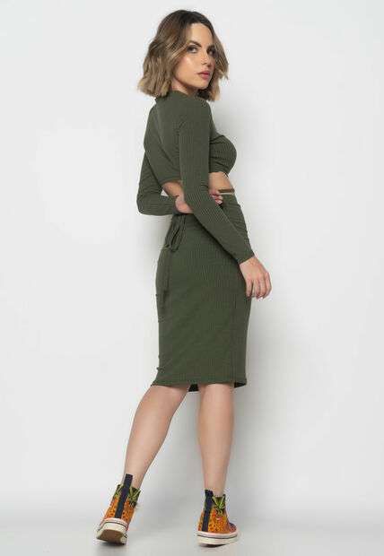 Cropped Gola Redonda Manga Longa Com Tiras Malha Canelada  Fashion Verde Musgo