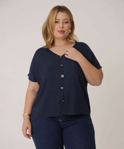 Blusa Plus Size Feminina Viscose Botões Marisa Azul