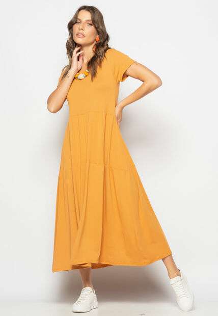 Image_Vestido Midi Manga Curta Com Babado Caramelo Salvatore