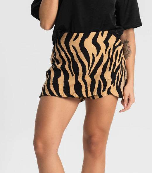 Shorts Saia Feminino Estampado Style Box Marrom