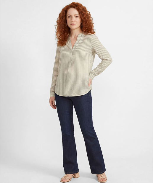 Camisa Feminina Listrada Manga Longa Marisa Verde