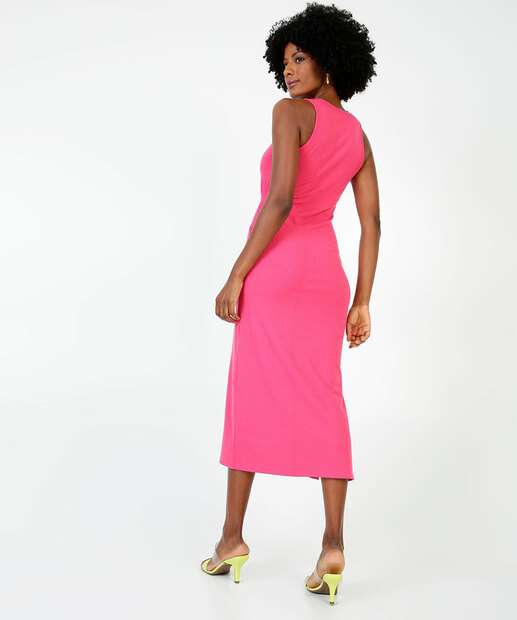 Vestido Midi Feminino Canelado Fenda Amarração 