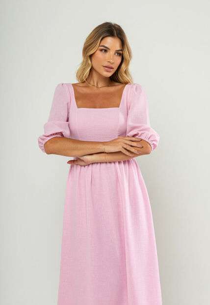 Vestido Longo Com Decote Reto E Manga Bufante 3/4 Rosa Salvatore