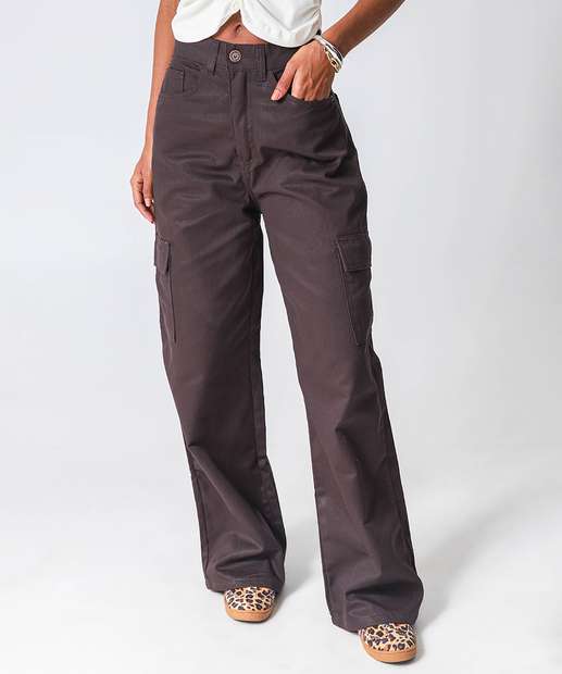 Calça Sarja Wide Leg Bolsos Cargo Feminina 