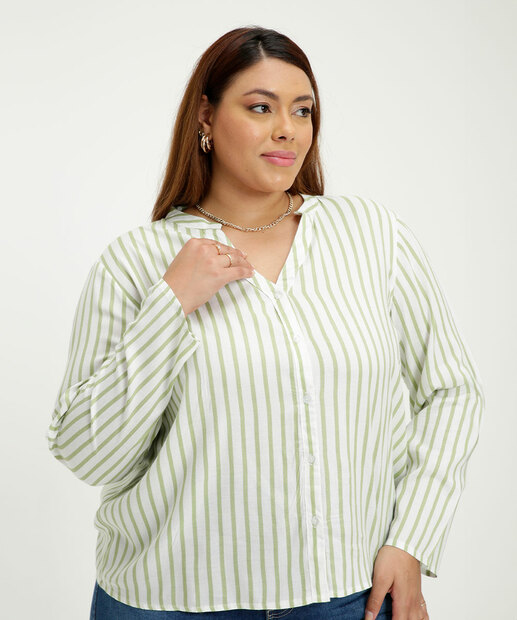 Camisa Plus Size Feminina Listrada Manga Longa Marisa