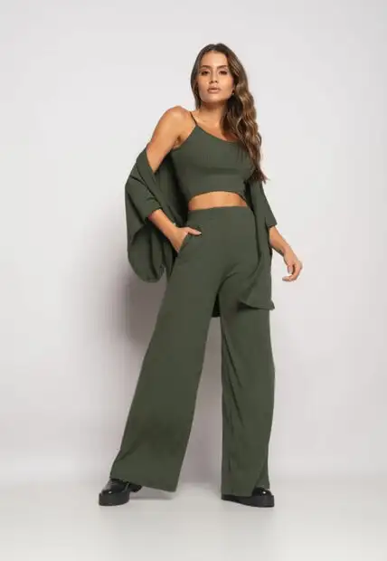 Conjunto Com Kimono, Cropped e Wide Leg Canelado Verde Salvatore