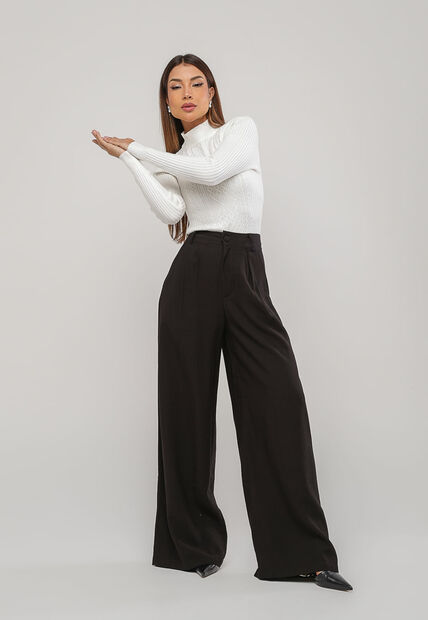 Blusa de Tricot Modal com Gola Alta e Manga Canelada Branco Salvatore