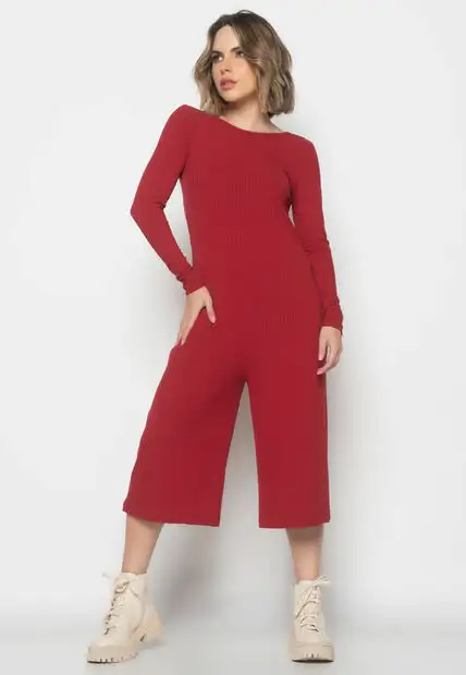 Macacão Manga Longa  Pantacourt Canelado  Fashion Vermelho