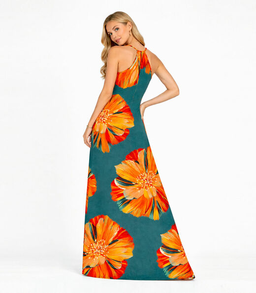 Vestido Longo Estampado Sem Manga Infinita Cor Azul