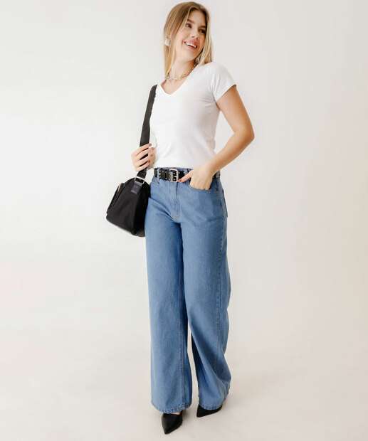 Calça Jeans Wide Leg Bolsos Feminina Marisa