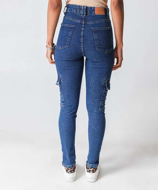 Calça Jeans Skinny Feminina Cargo Azul