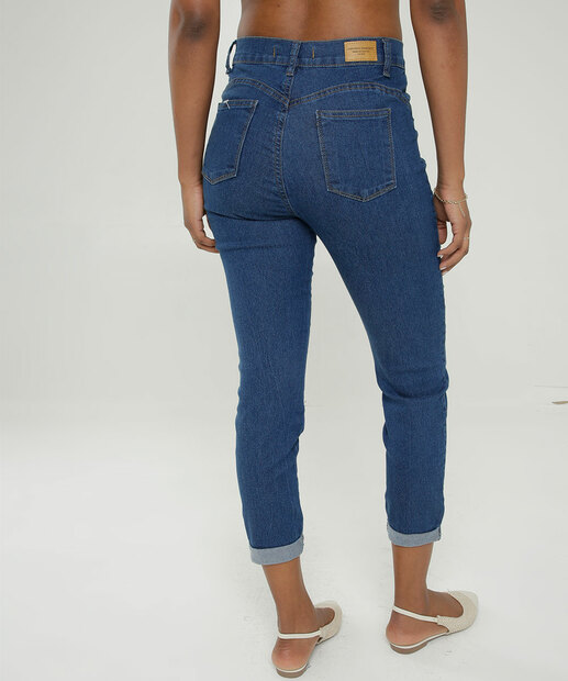 Calça Jeans Capri Feminina Cintura Alta Barra Dobrada  