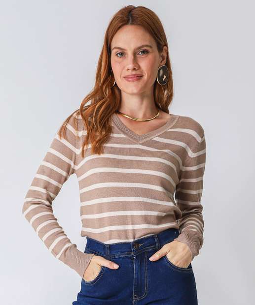 Image_Suéter Feminino Listrado Gola V Marisa Bege