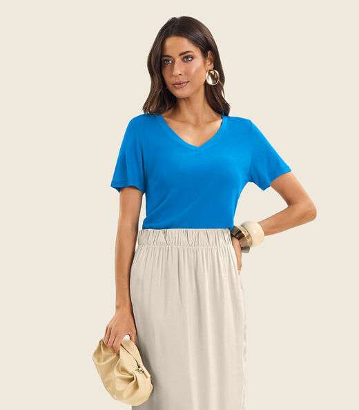 Blusa Feminina Manga Curta Decote V Endless Azul