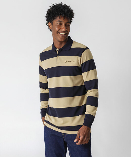 Image_Polo Masculina Moletinho Listrada Manga Longa MR Bege